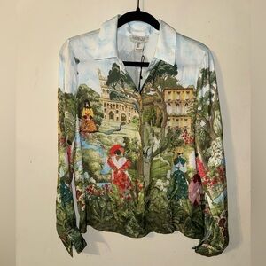 Rachel Zoe Scenic Print Button-Down Shirt in Light Blue, Green, Red